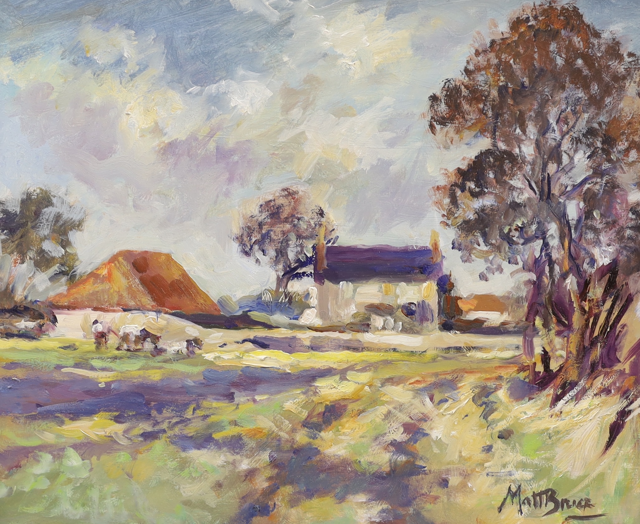 Matt Bruce (1915-2000), Impressionist oil on board, Farm landscape, signed, 24 x 29cm